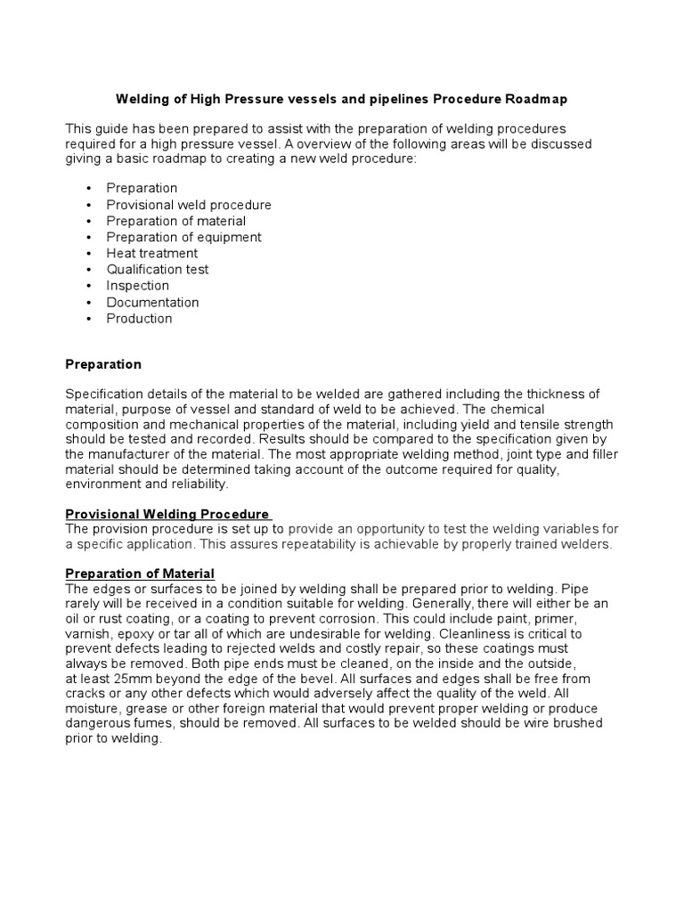 Welding Of High Pressure Vessels And Pipelines Procedure Roadmap Pdf