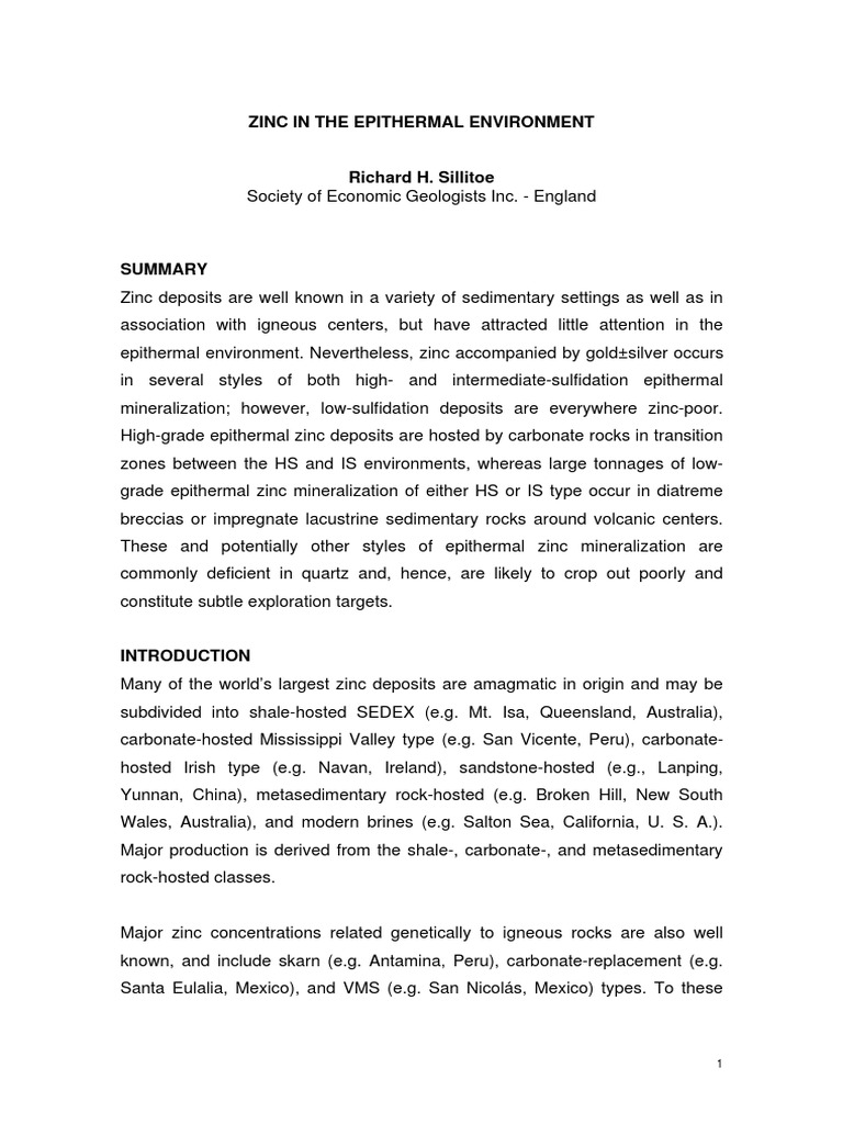 Zinc in The Epithermal Environment PDF Zinc Igneous Rock
