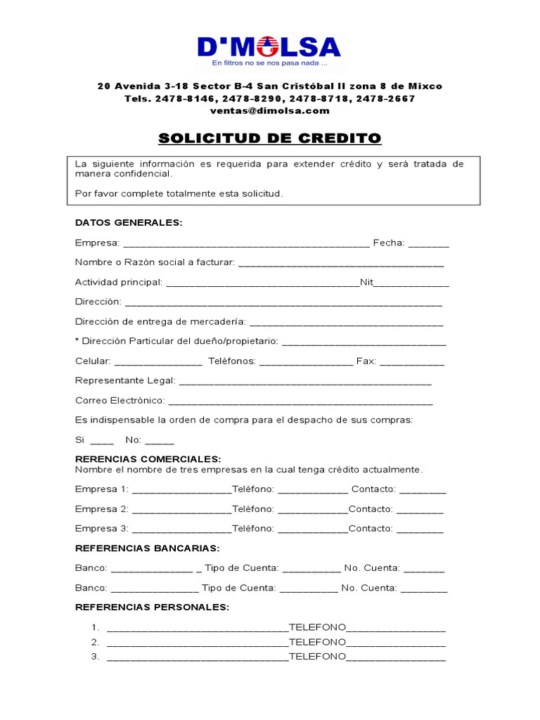 Ejemplo De Solicitud De Credito Pdf