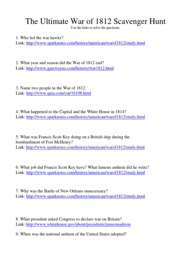 War of 1812 Scavenger Hunt | PDF