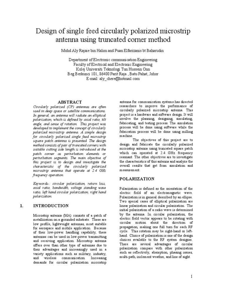 Truncated Corner CP Microstrip Antenna | PDF | Antenna (Radio ...