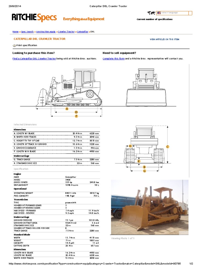 Caterpillar D8L Crawler Tractor Specs | PDF | Tractor | Truck