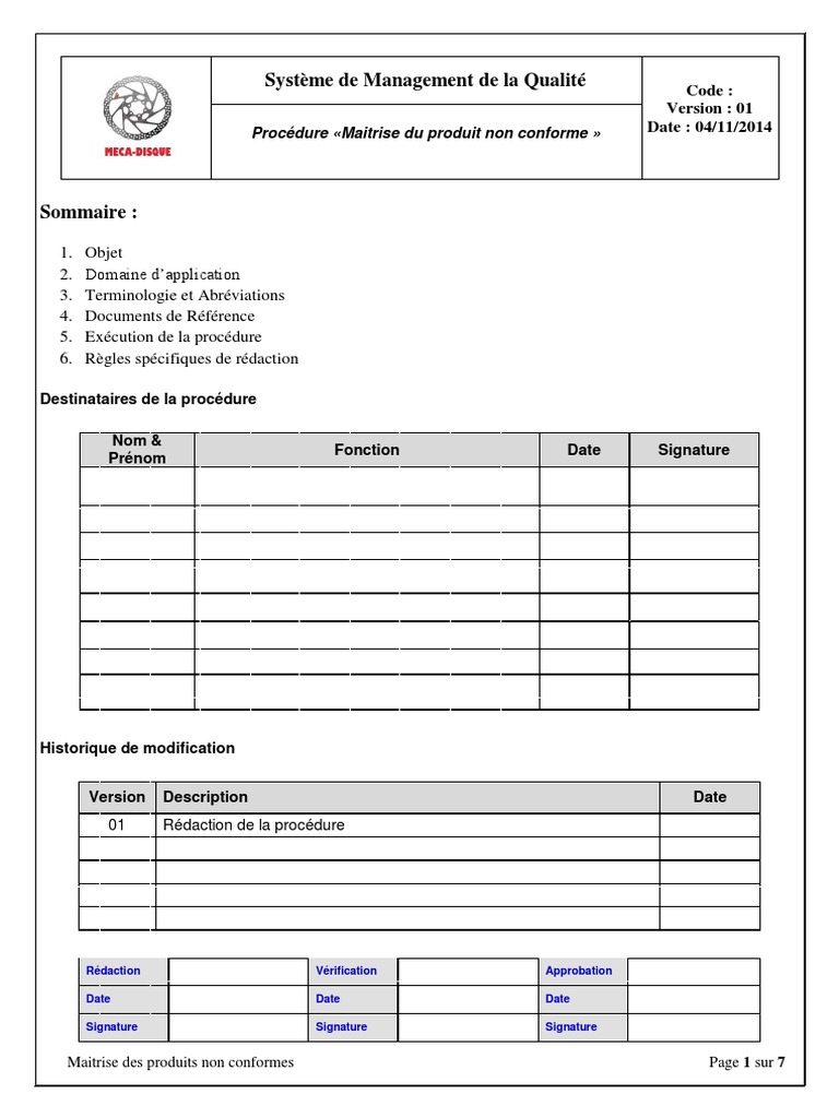 Document modèle Fiche de non conformité word