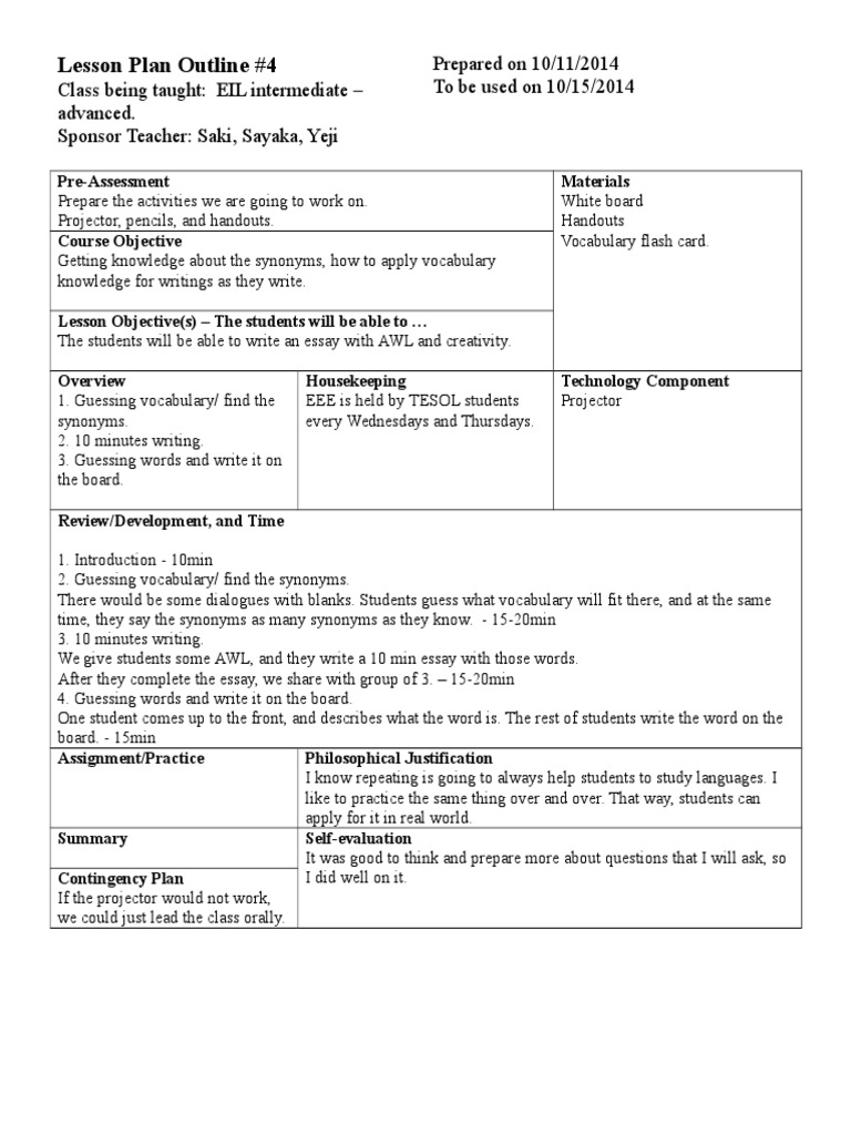 EIL Intermediate Lesson Plan on Vocabulary | PDF