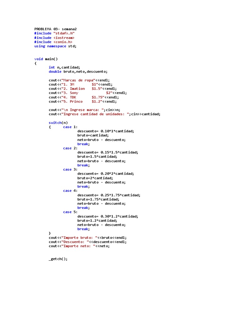 Uso de switch en C++ para descuentos | PDF