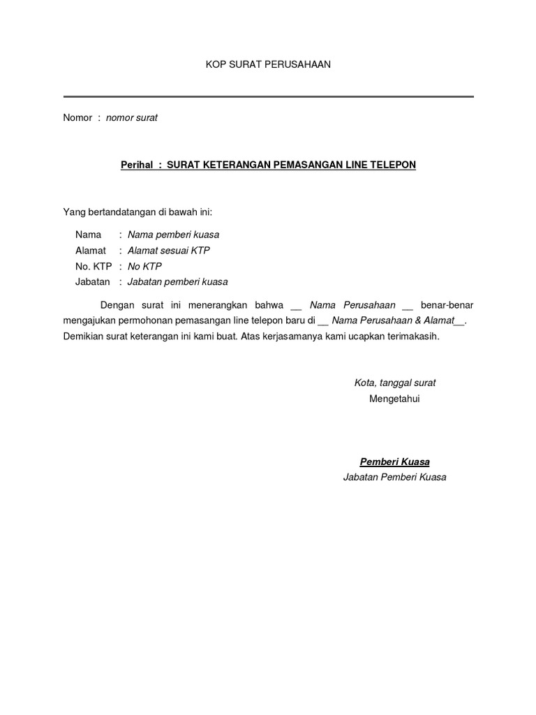 Surat Keterangan Pemasangan Telepon