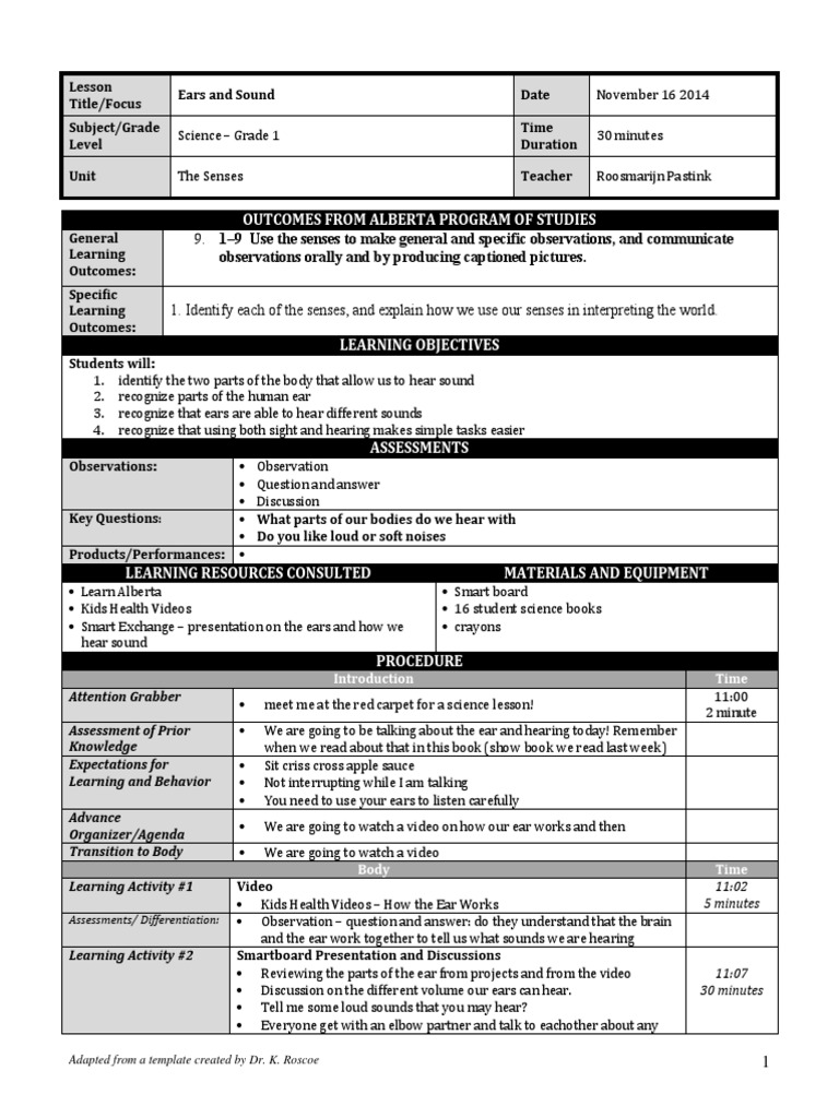 Ear and Sound Lesson Plan | PDF | Hearing | Educational Assessment