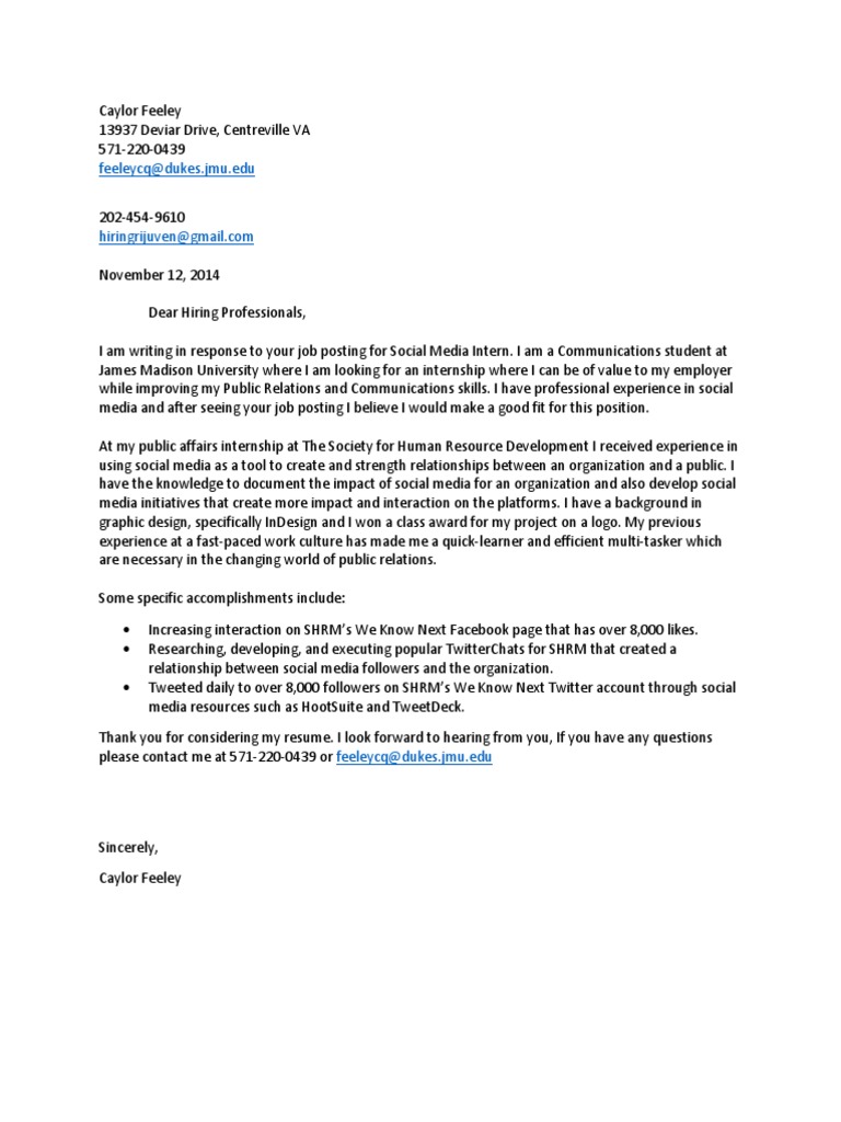 Social Media Intern Application Letter | PDF