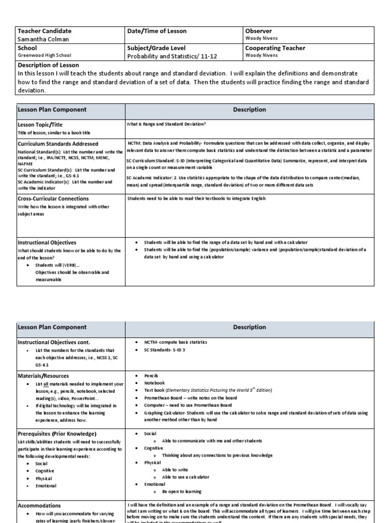 range and standard deviation lesson plan Standard Deviation Variance