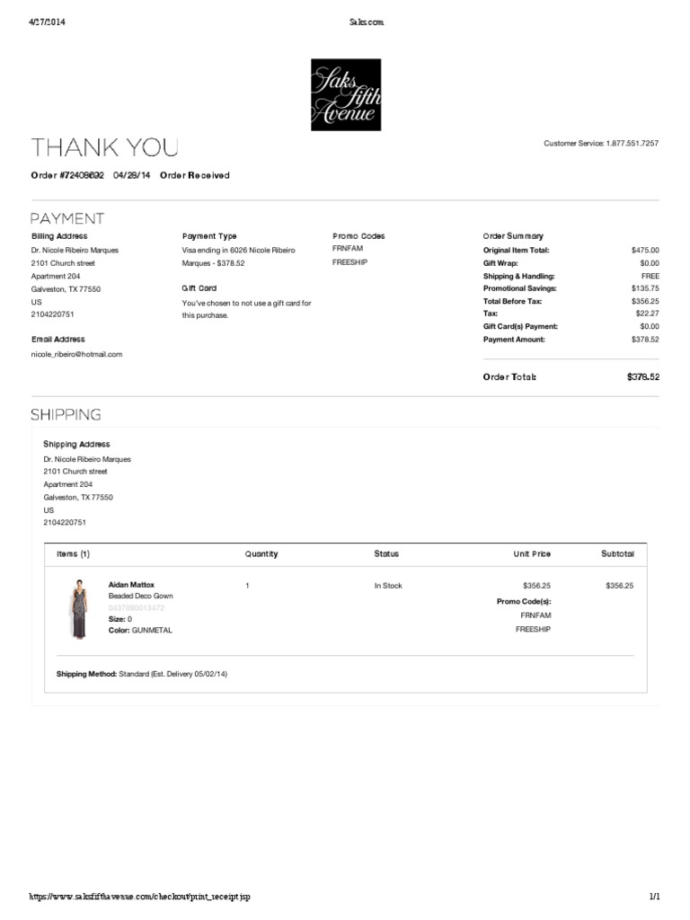 Saks Order Confirmation Receipt | PDF | Cooking, Food & Wine