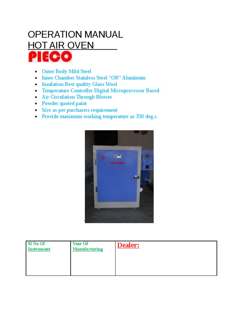 Operating Manual "PIECO" Hot Air Oven Thermostat Hvac