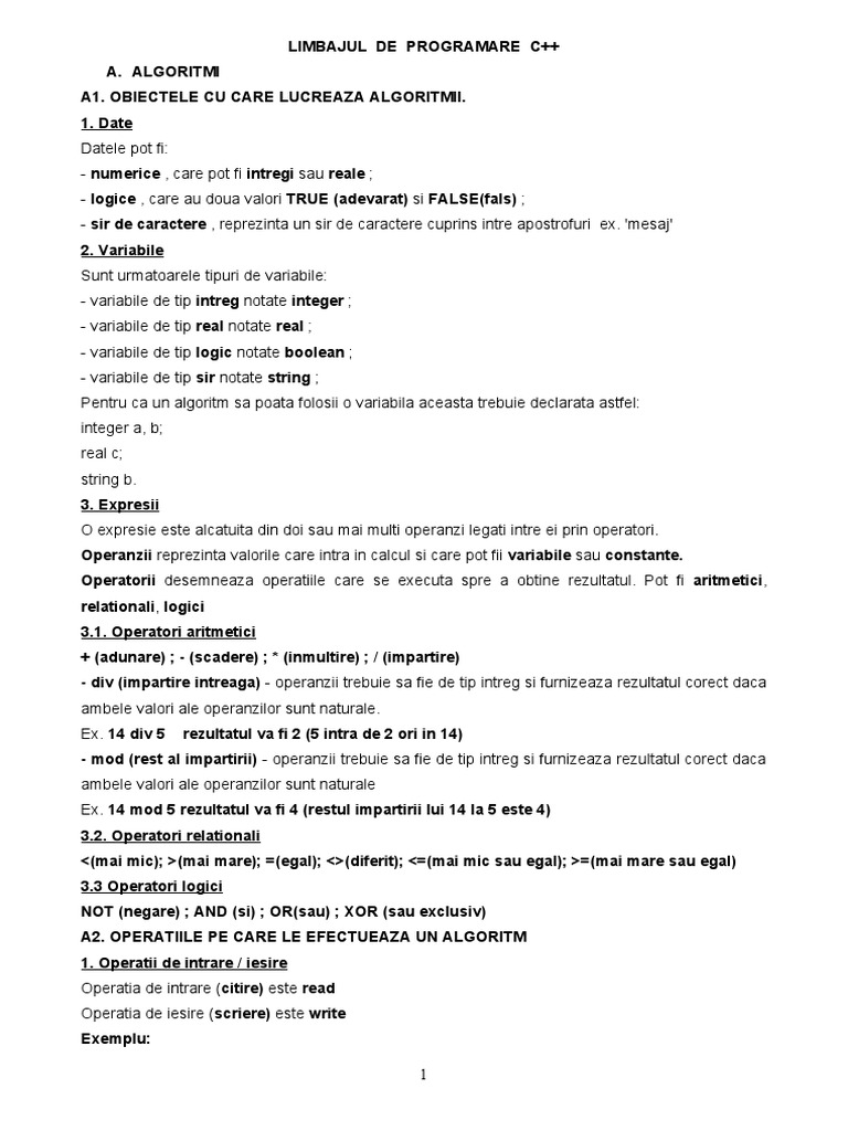 Limbajul de Programare C++ A. Algoritmi A1. | PDF