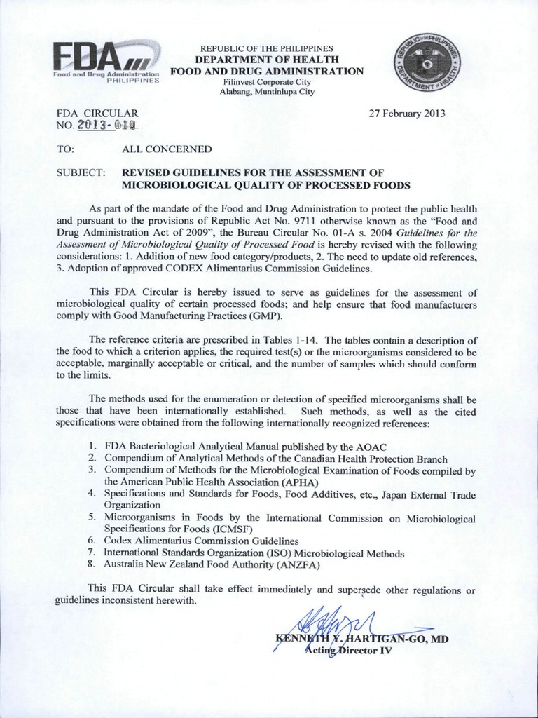 FDA Philippines Microbiological Standard For Processed Food PDF