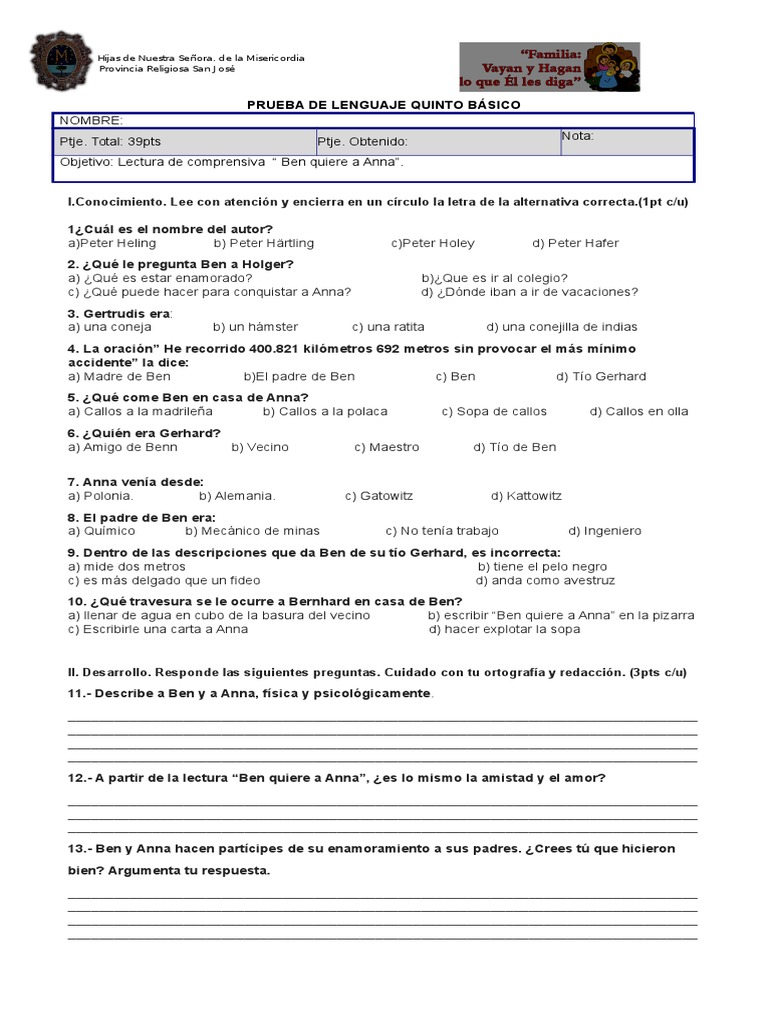 Prueba de Lenguaje: "Ben quiere a Anna" | PDF | Artes del Lenguaje y ...