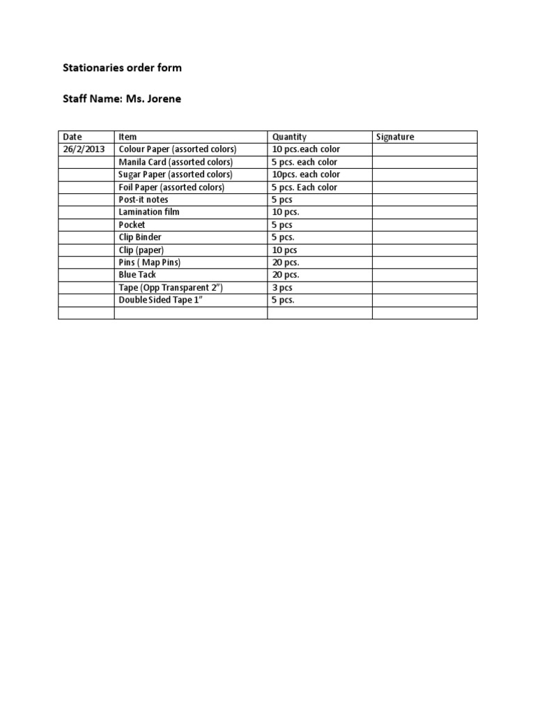 Stationaries Order Form Staff Name: Ms. Jorene | PDF