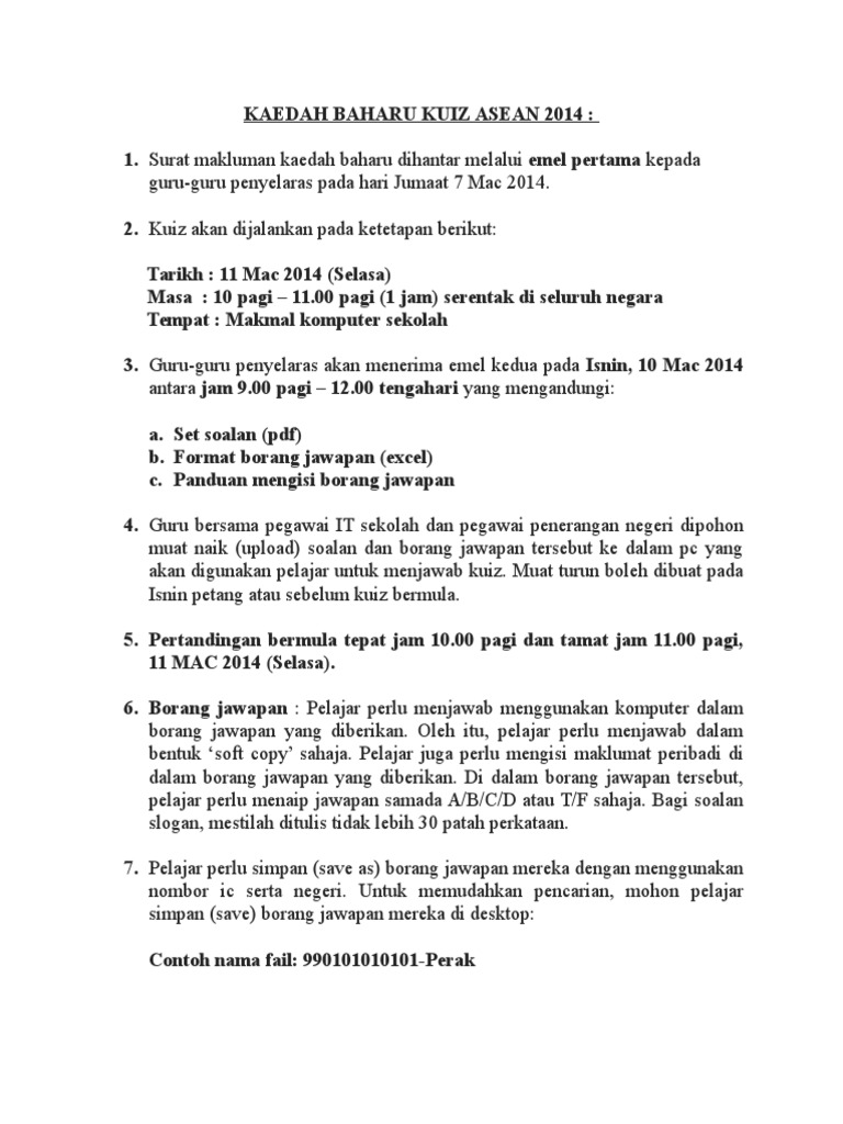 Sop Kaedah Baharu Kuiz Asean 2014 Pdf