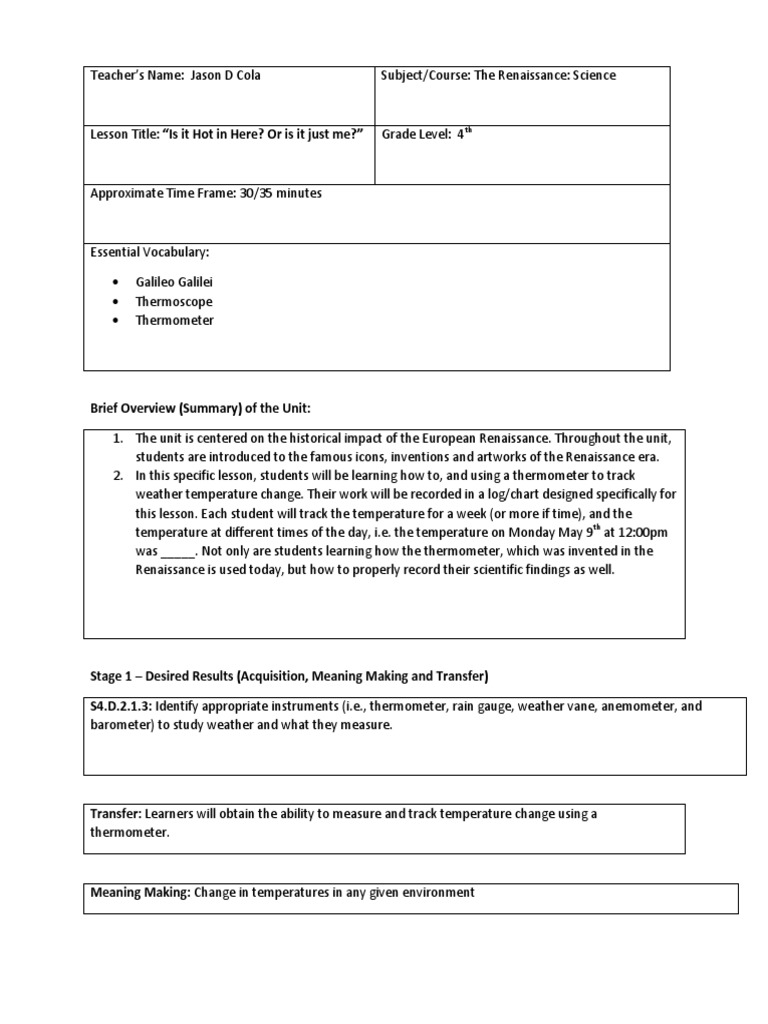 ubd lesson plan template Thermometer Temperature