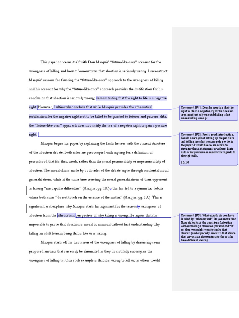 Phil 345 Don Marquis Paper W Pf Comments 1 Applied Ethics - 