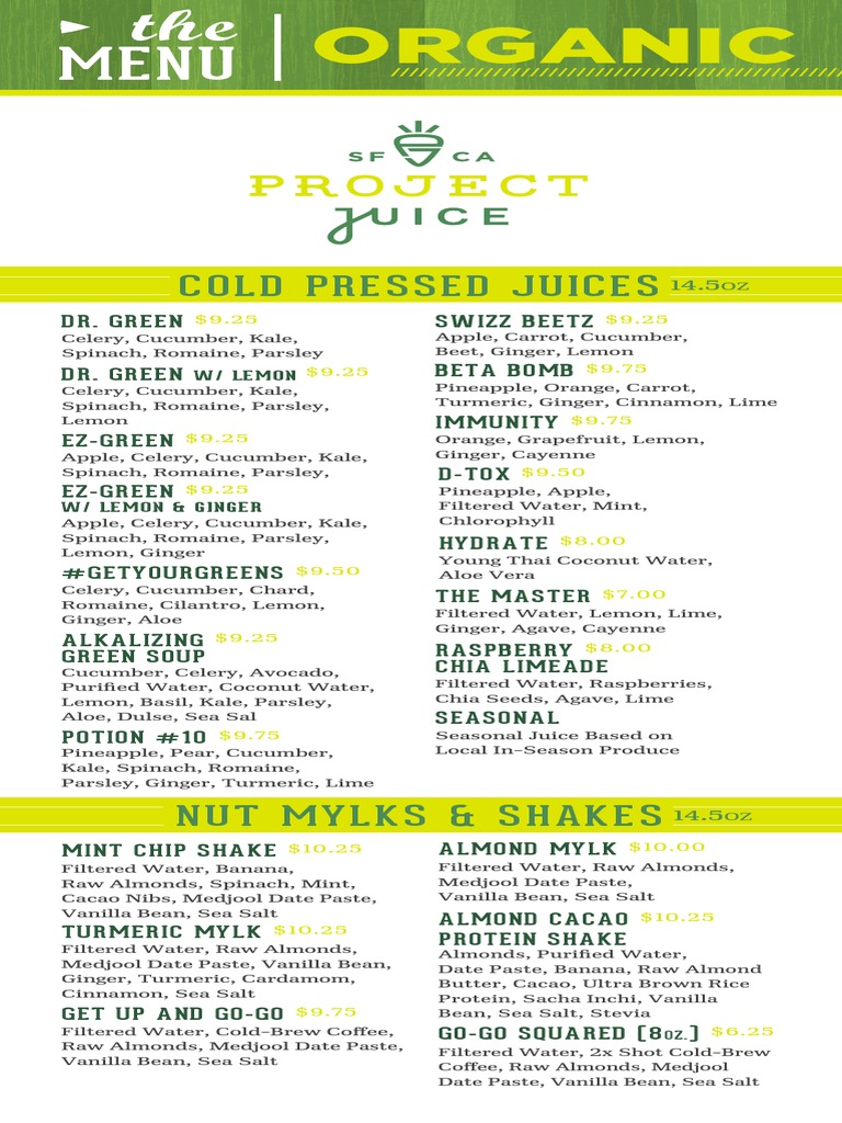 Cold Pressed Juice Menu Overview | PDF | Cocoa Bean | Berry