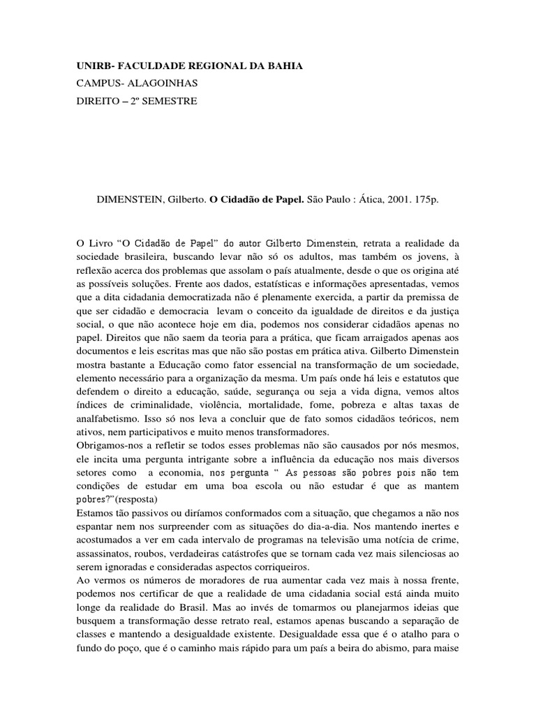 Resumo Cidadão de Papel PDF Cidadania Pobreza