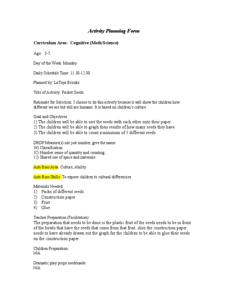 Activity Planning Form-Mathscience | PDF | Psychological Concepts ...