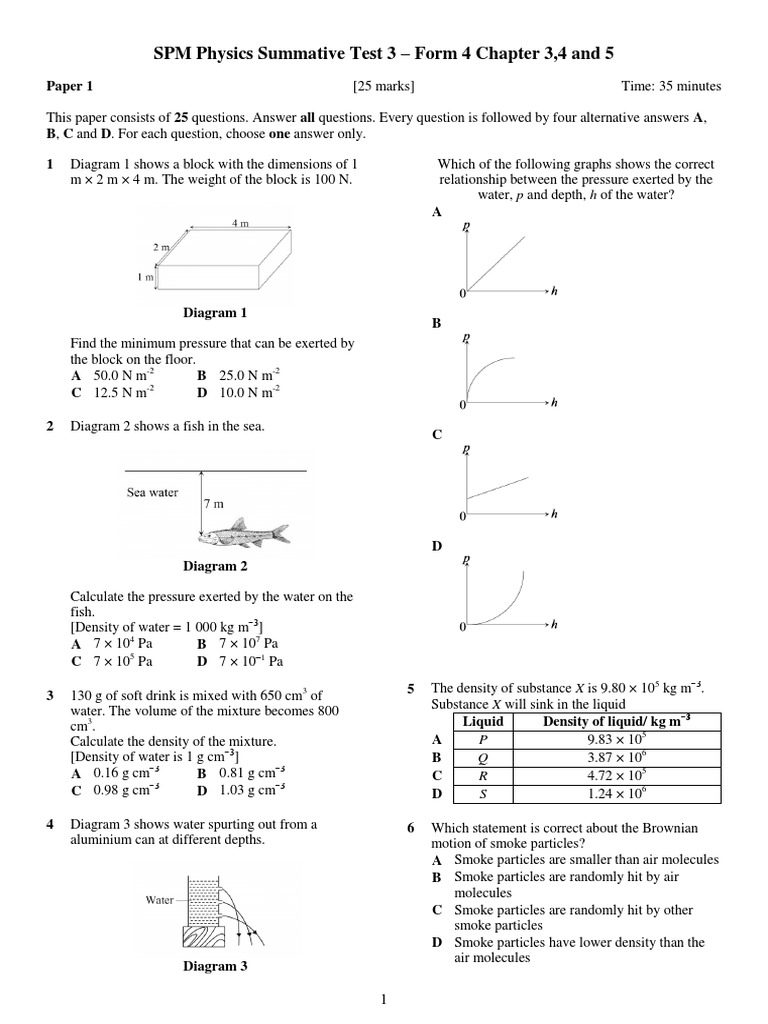 SPM Physics Summative Test 3 Form 4 Chapter 3 4 5 Gases Buoyancy