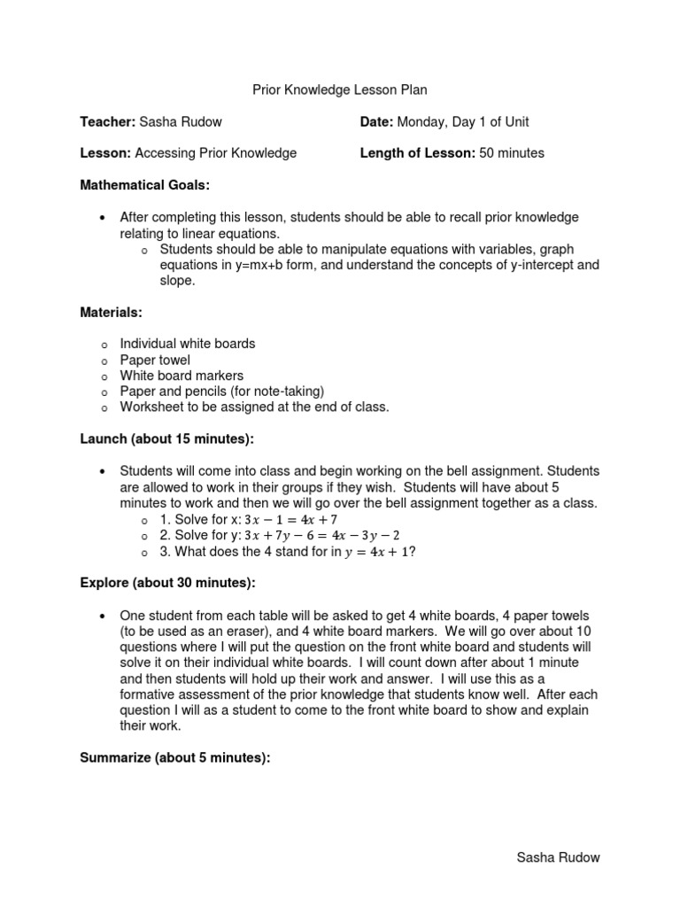 Prior Knowledge Lesson Plan Line Geometry Equations