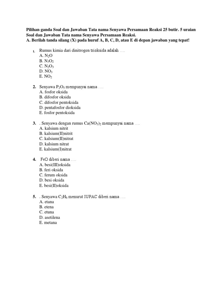 Pilihan Ganda Soal Dan Jawaban Tata Nama Senyawa Persamaan Reaksi 25 Butir