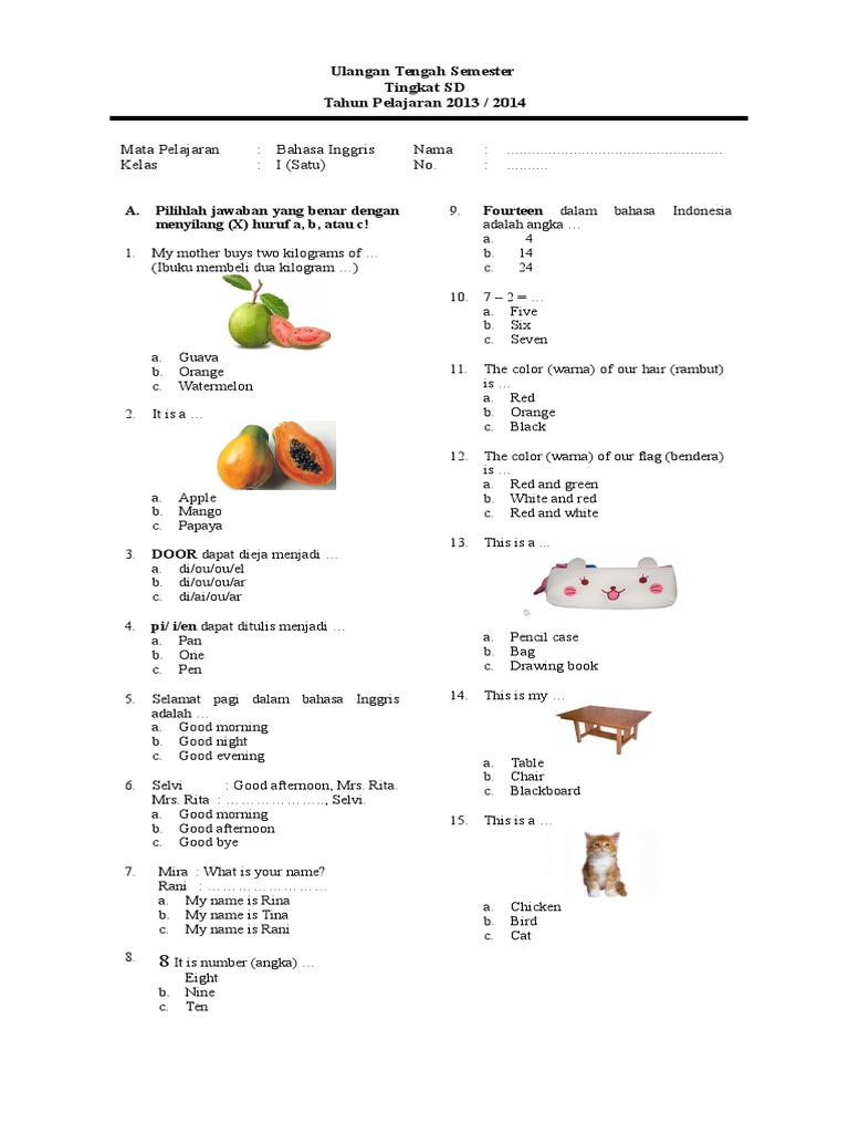 Lat. soal Bahasa Inggris kelas 1 SD