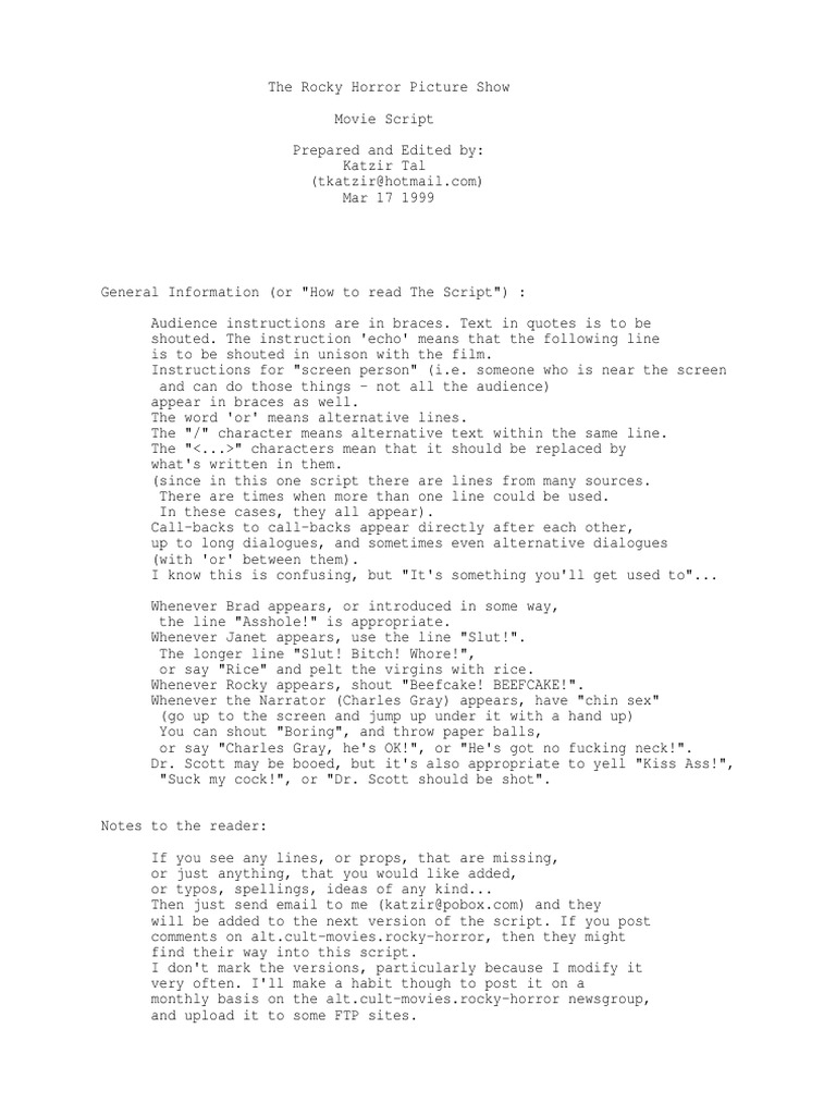 Rocky Horror Picture Show Ap Script Leisure
