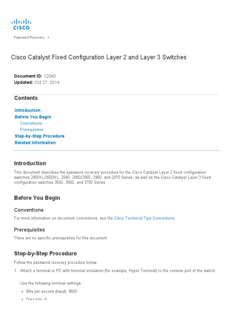 Password recovery procedure of Cisco Catalyst Layer 2 and Layer 3