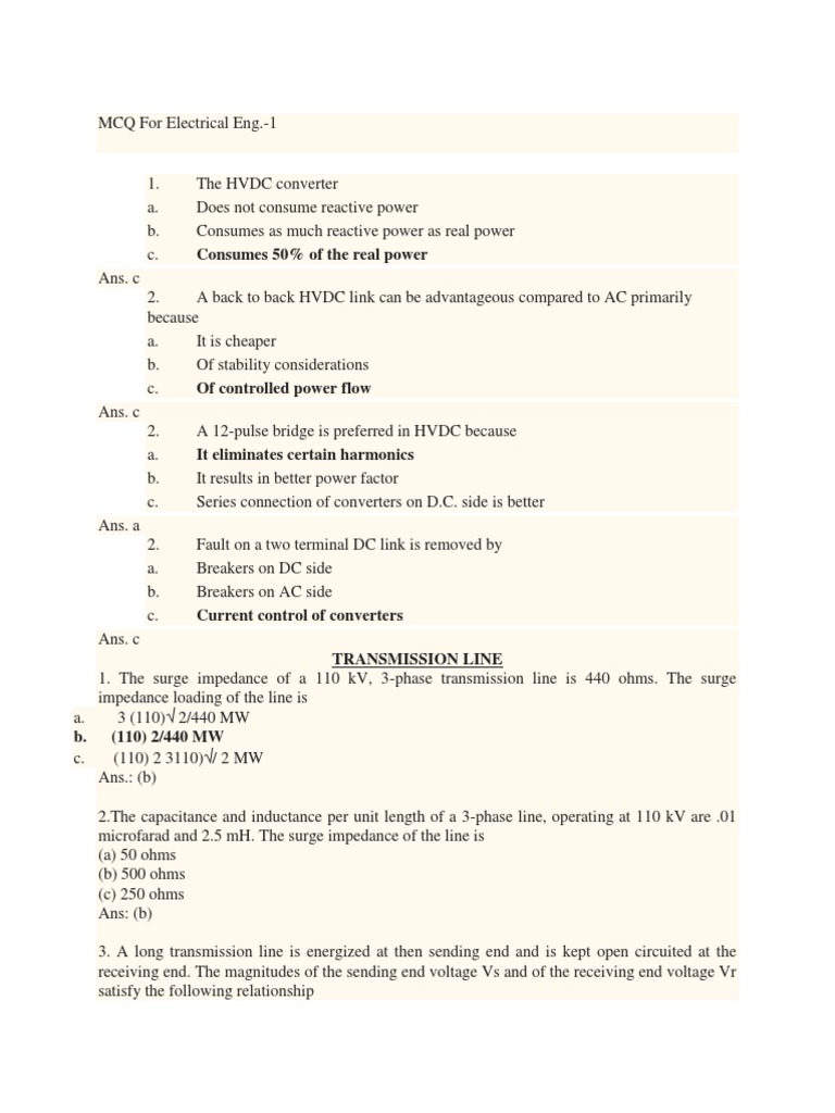 Mcq For Electrical Eng Pdf Transformer High Voltage Direct Current