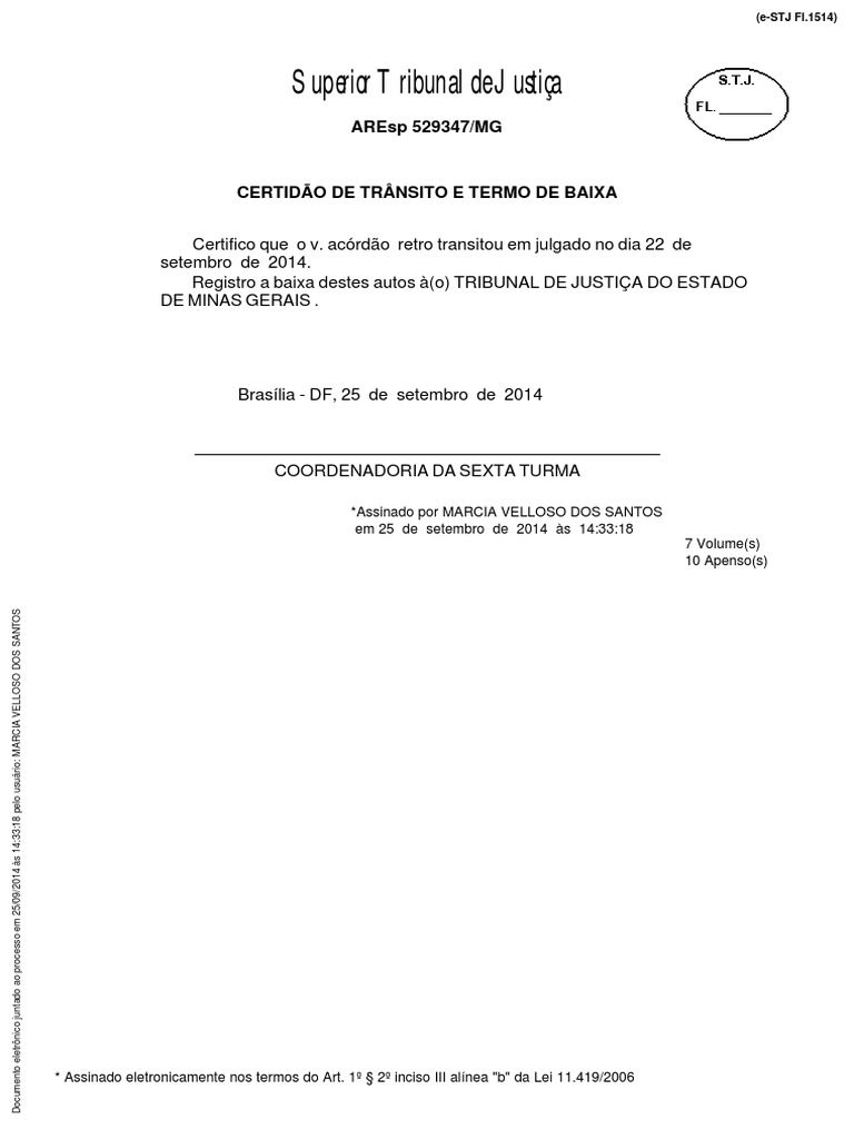 Certidão de Trânsito em Julgado - AREsp 529347/MG | PDF | Justiça ...