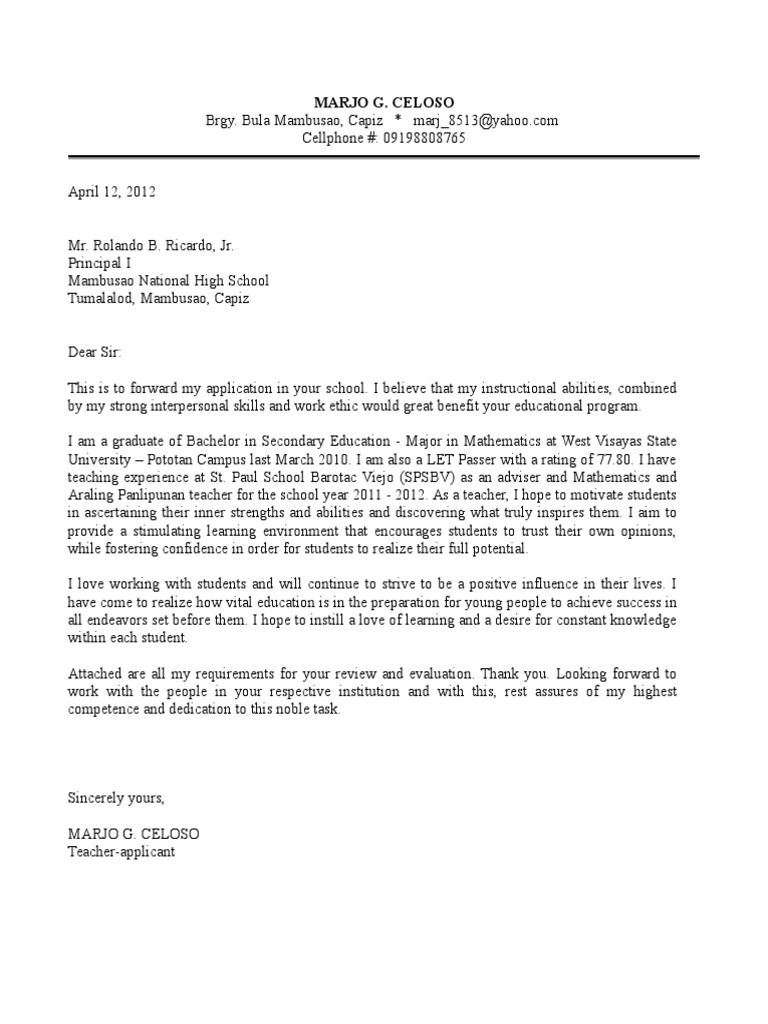 example of an application letter for a teaching post