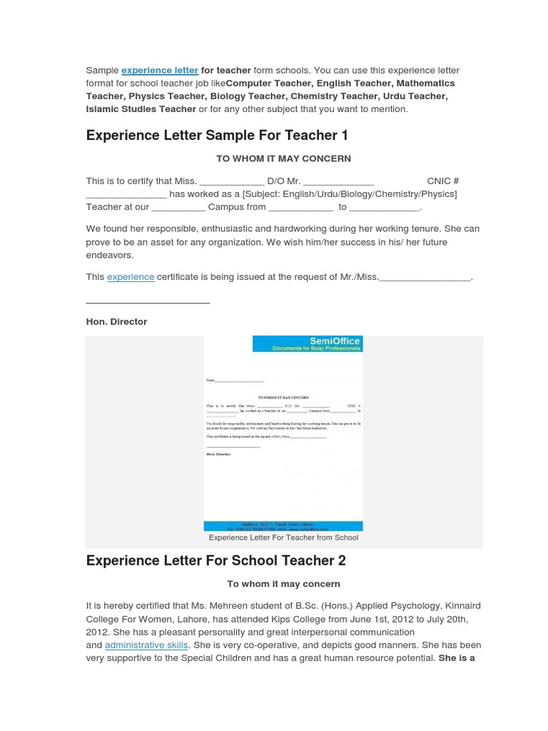 Job Experience Letter Sample