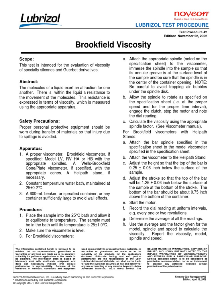 Brookfield Viscosity PDF Viscosity Continuum Mechanics