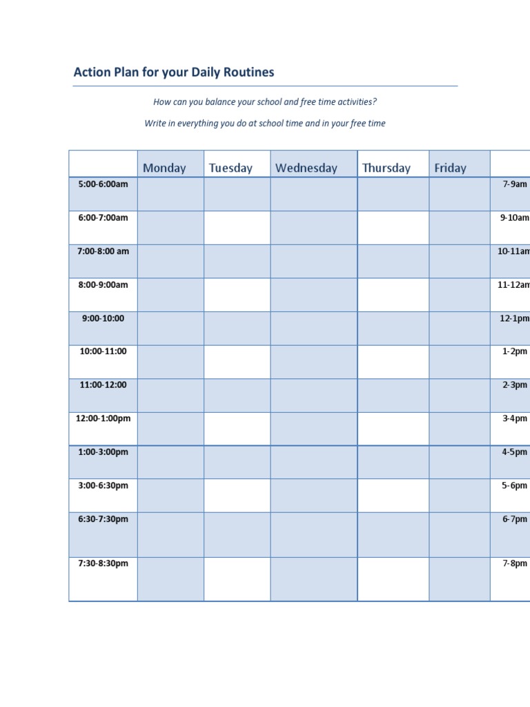 Daily Routine Action Plan Template | PDF | Sports