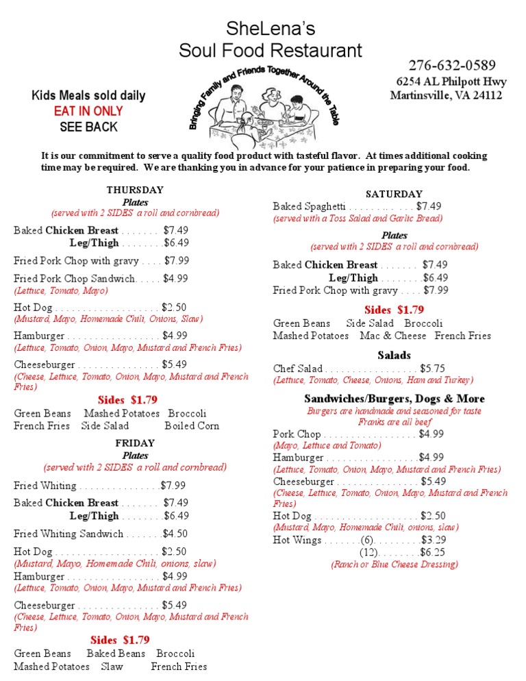 SheLena's Soul Food Menu | PDF | Hamburgers | Coleslaw