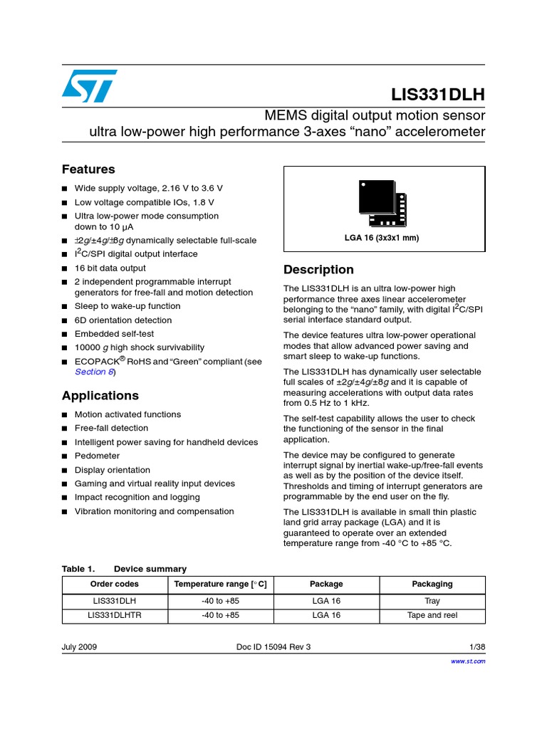 LIS331DLH Accelerometer Datasheet Sensor Accelerometer