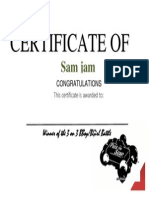 Certificate of Appreciation: Sam Jam 2012