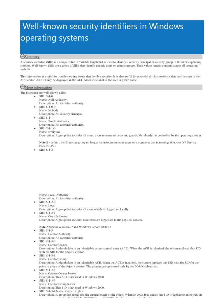 Well-Known SIDs in Windows Systems | PDF | Active Directory | Remote ...
