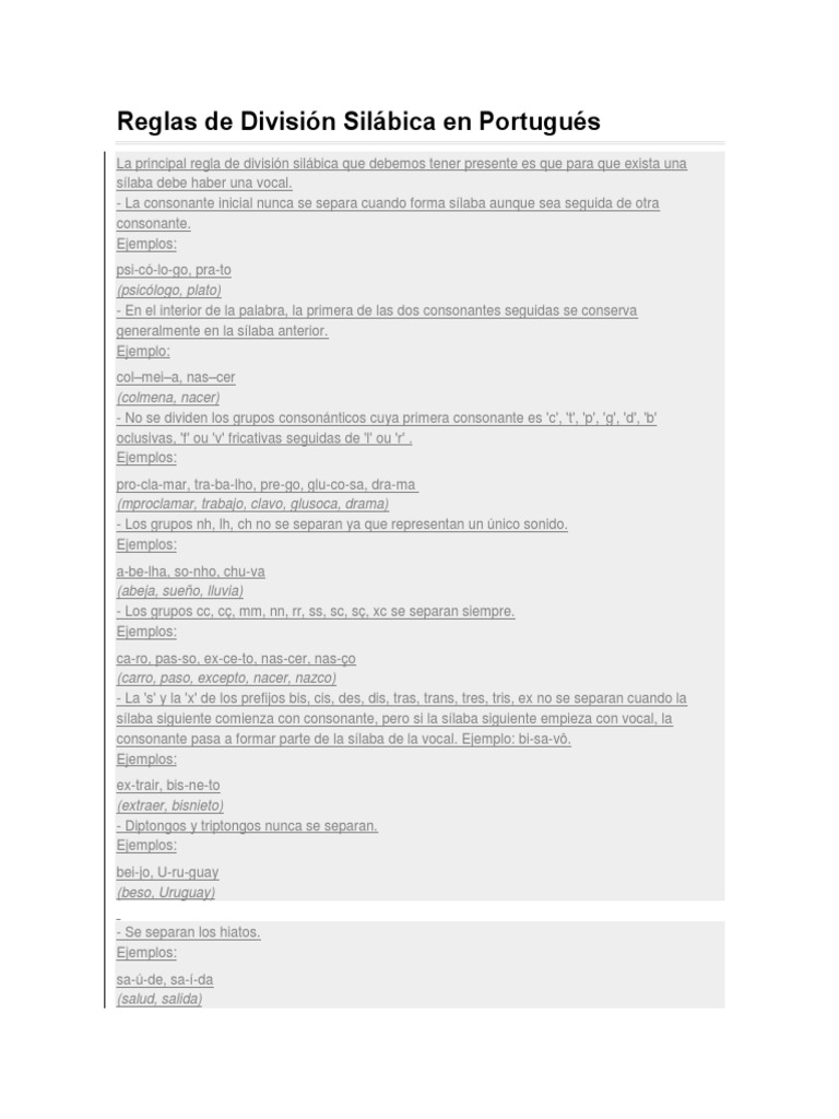 Reglas de División Silábica en Portugués | PDF | Sílaba | Vocal