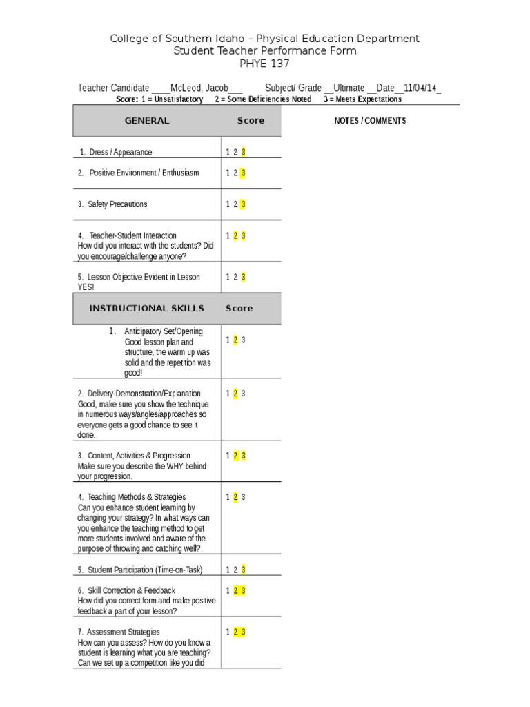 Student Teacher Performance Evaluation Form | PDF | Teaching Method ...