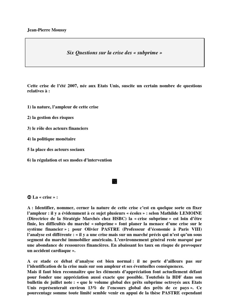 Comprendre la crise des subprimes 2007 | PDF | Banque centrale ...