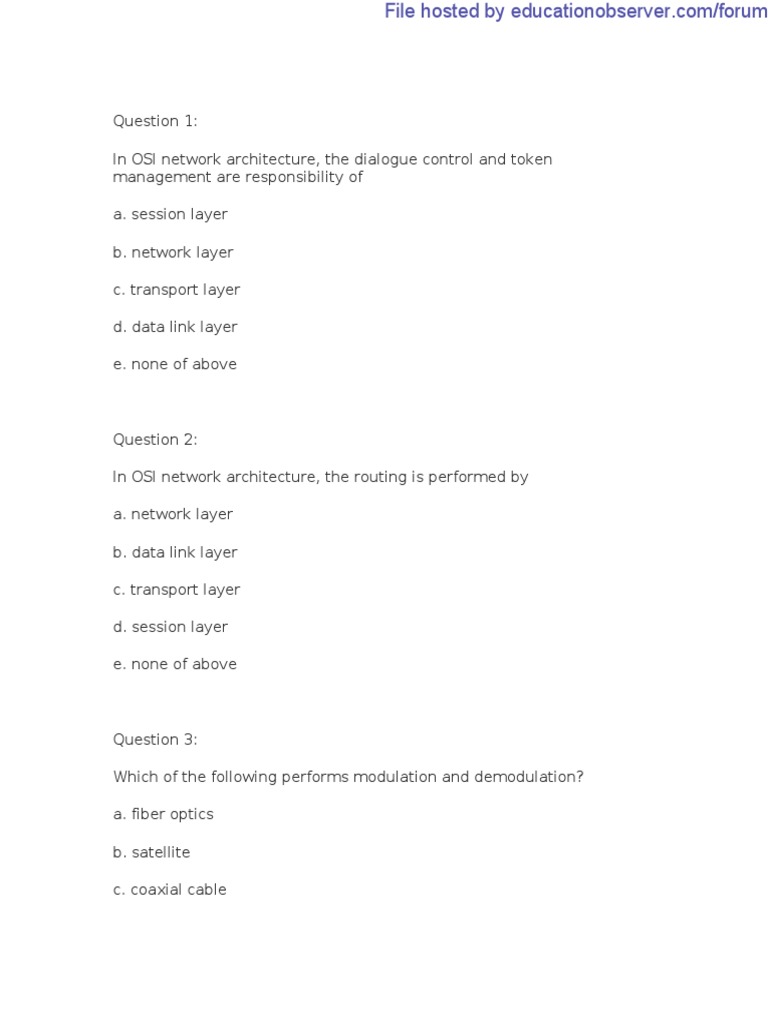 Computer Networking MCQ Questions PDF Osi Model