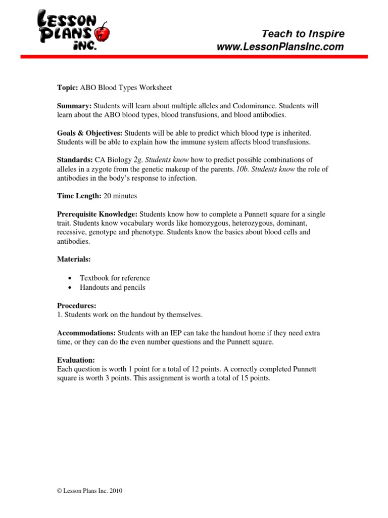 worksheet Codominance Worksheet Blood Types Answers abo blood typing ws type dominance genetics