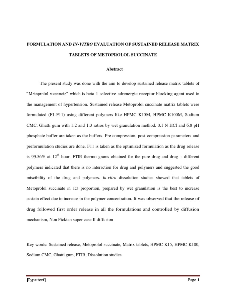 Formulation and In-Vitro Evaluation of Sustained Release Matrix Tablets ...