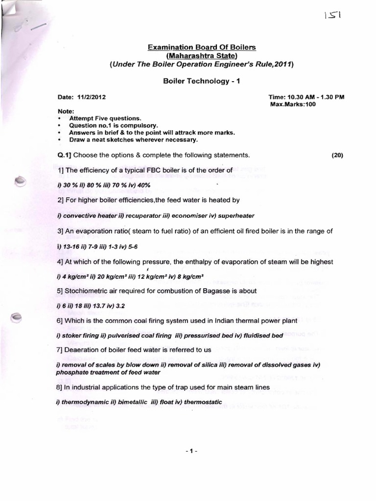 Boe Exam Paper Feb 2012 Boiler Steam