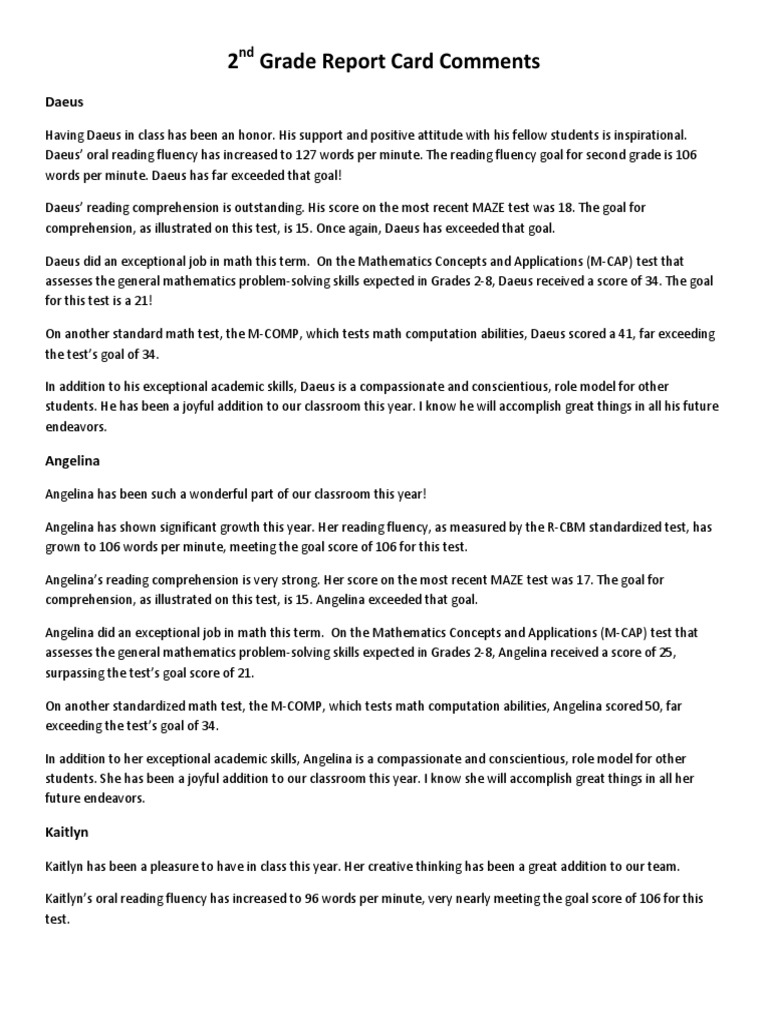 2nd Grade Report Card Highlights | PDF | Reading Comprehension ...