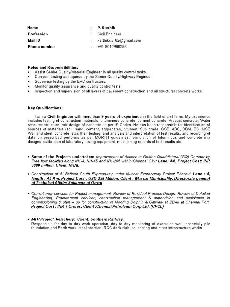 Karthik Resume | PDF | Asphalt | Concrete